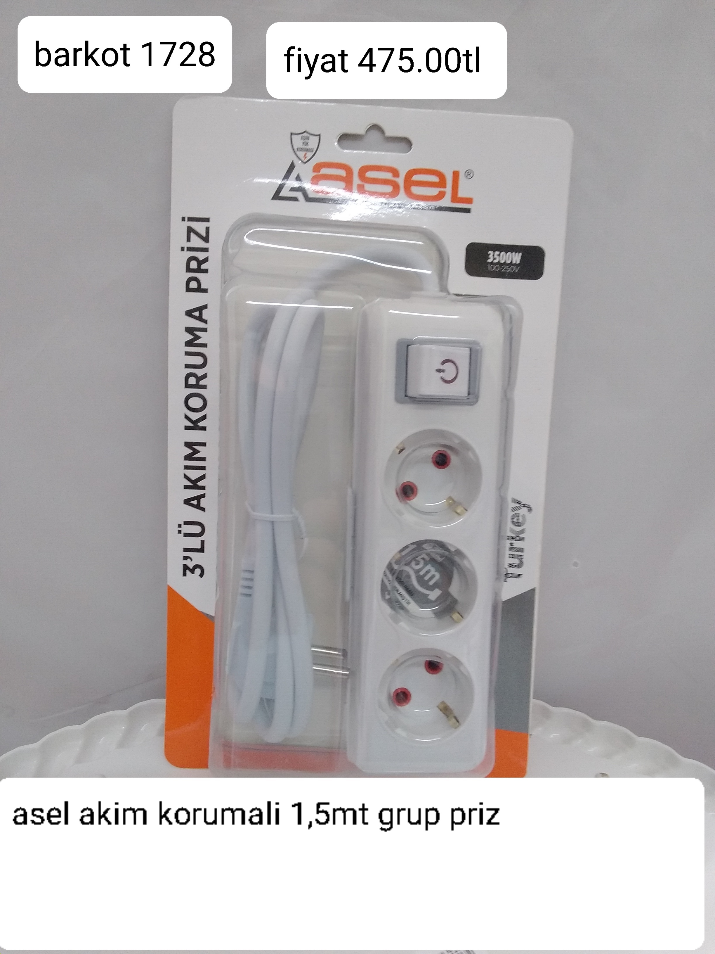 ASEL AKIM KORUMALI 1,5MT GRUP PRİZ 1728