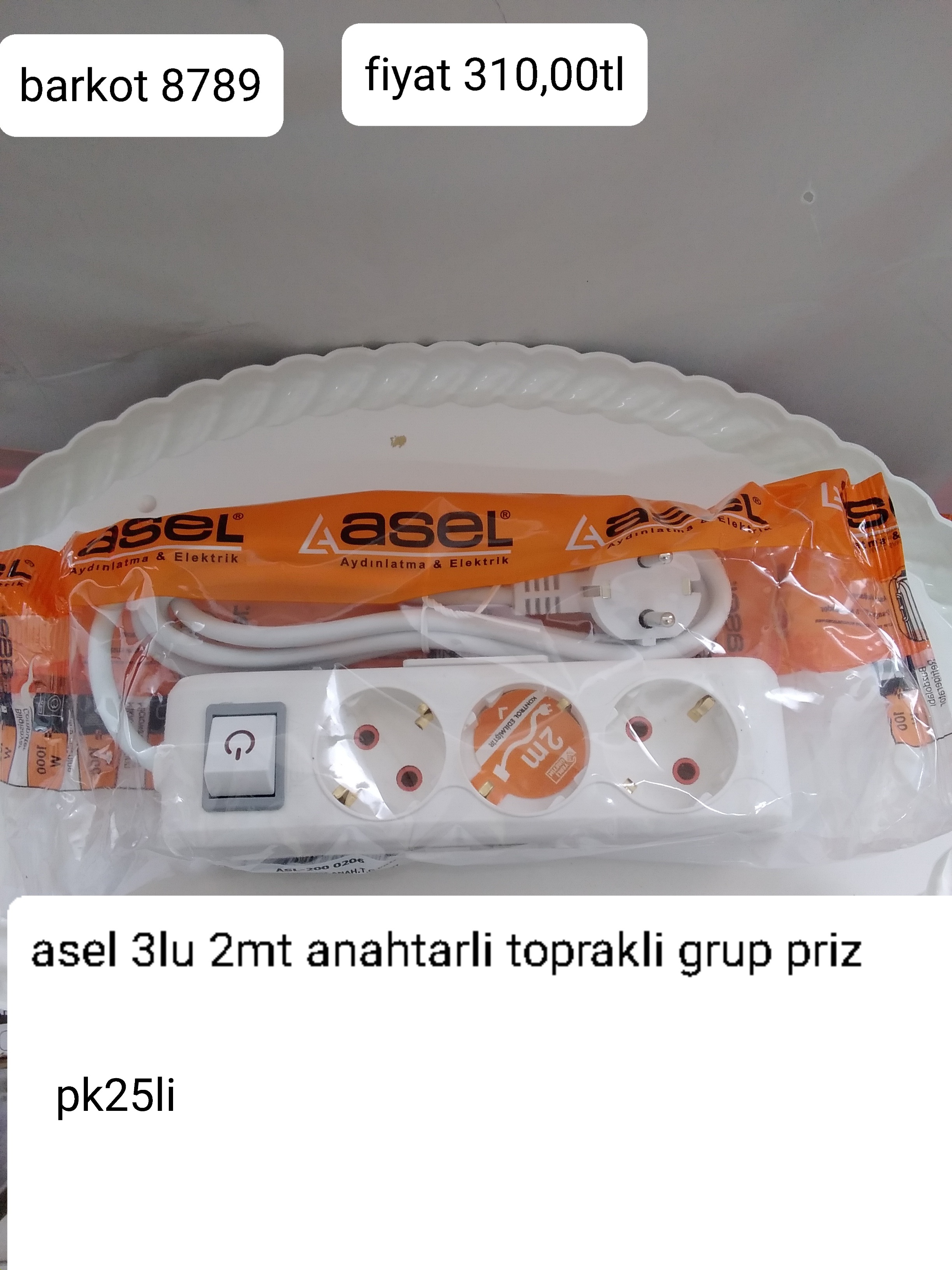 ASEL 3 LÜ 2MT ANAHTARLI TOPRAKLI GRUP PRİZ  8789
