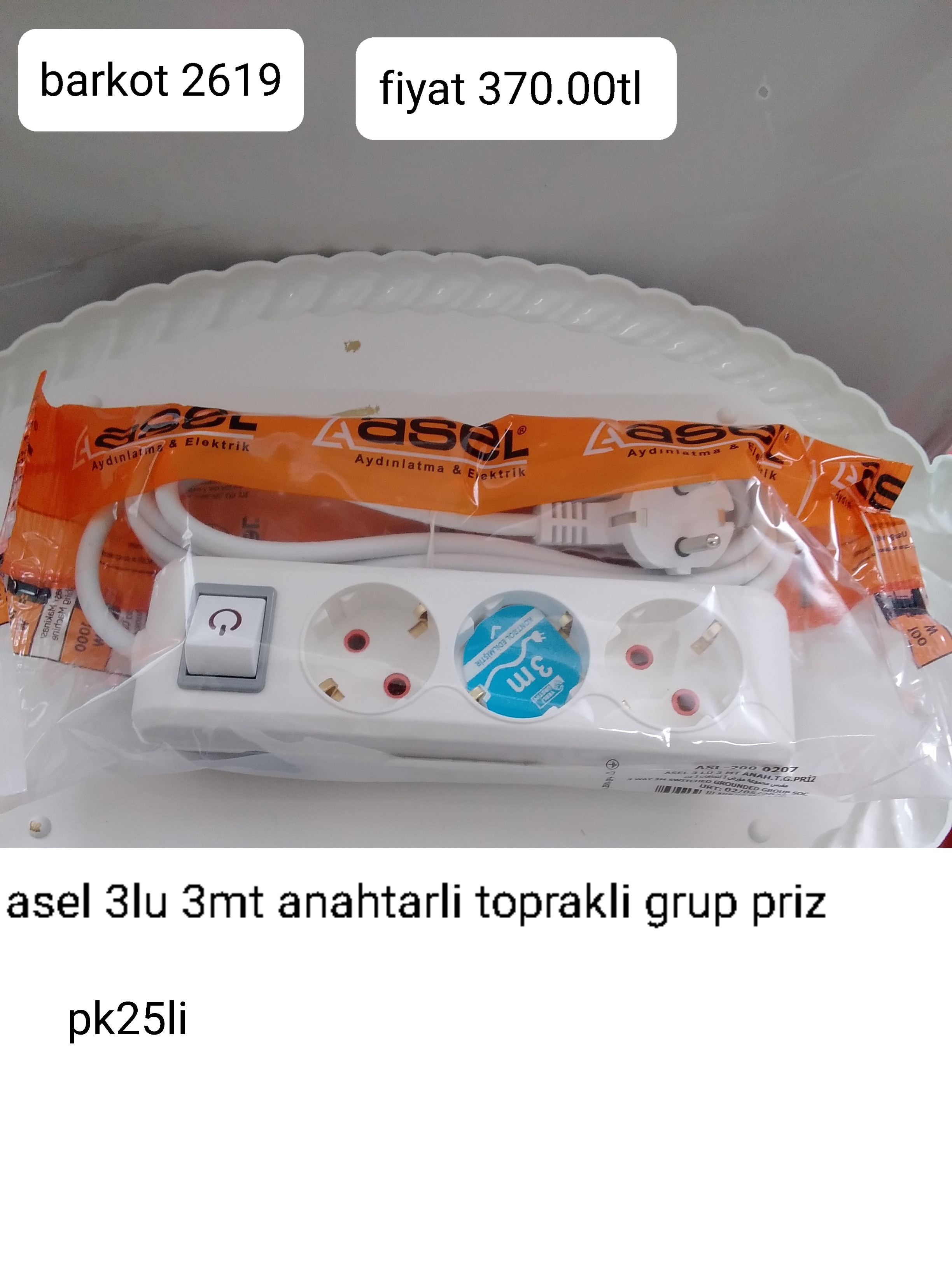 ASEL 3 LÜ 3MT ANAHTARLI TOPRAKLI GRUP PRİZ 2619