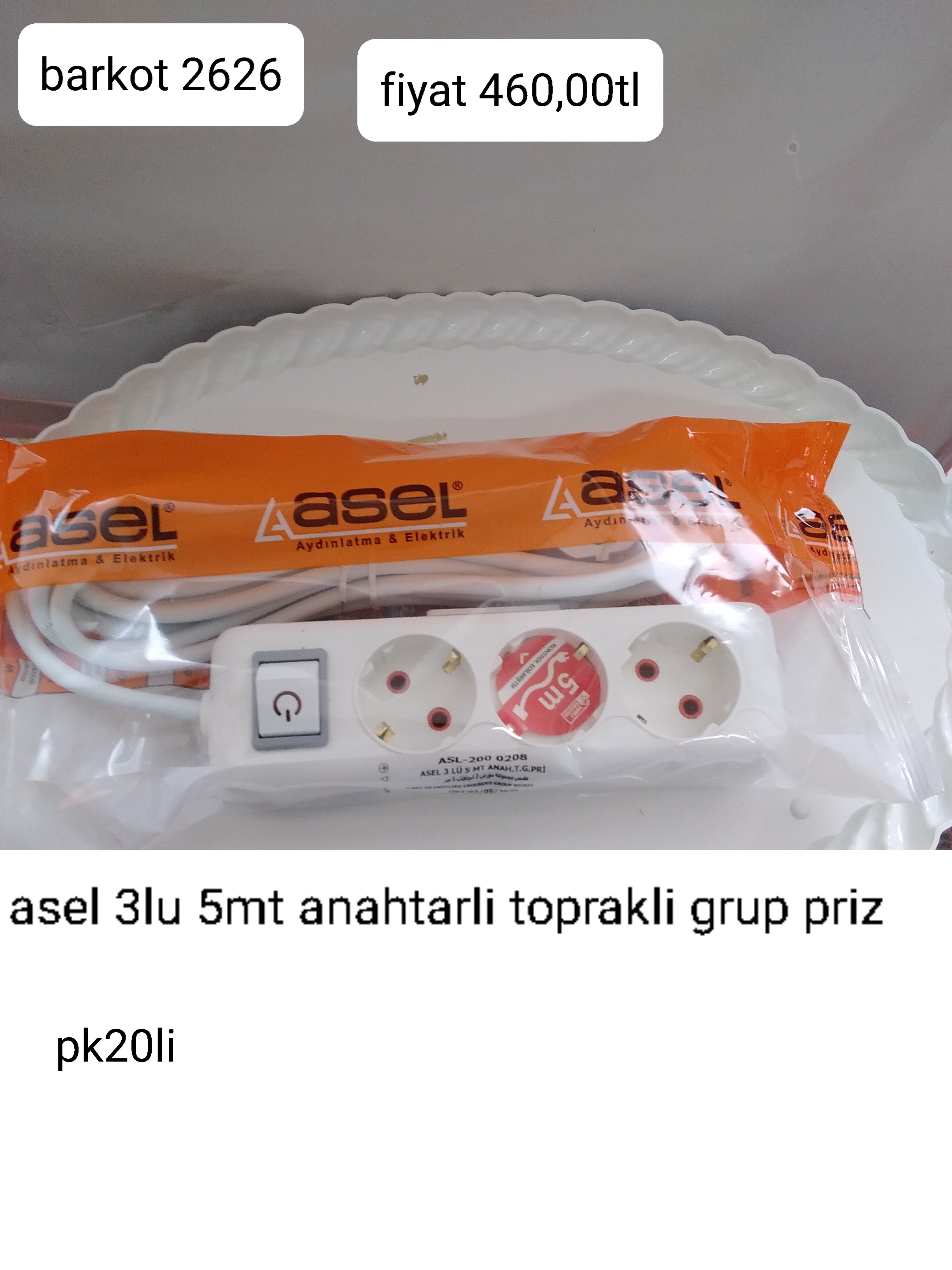 ASEL 3LÜ 5MT ANAHTARLI TOPRAKLI GRUP PRİZ 2626