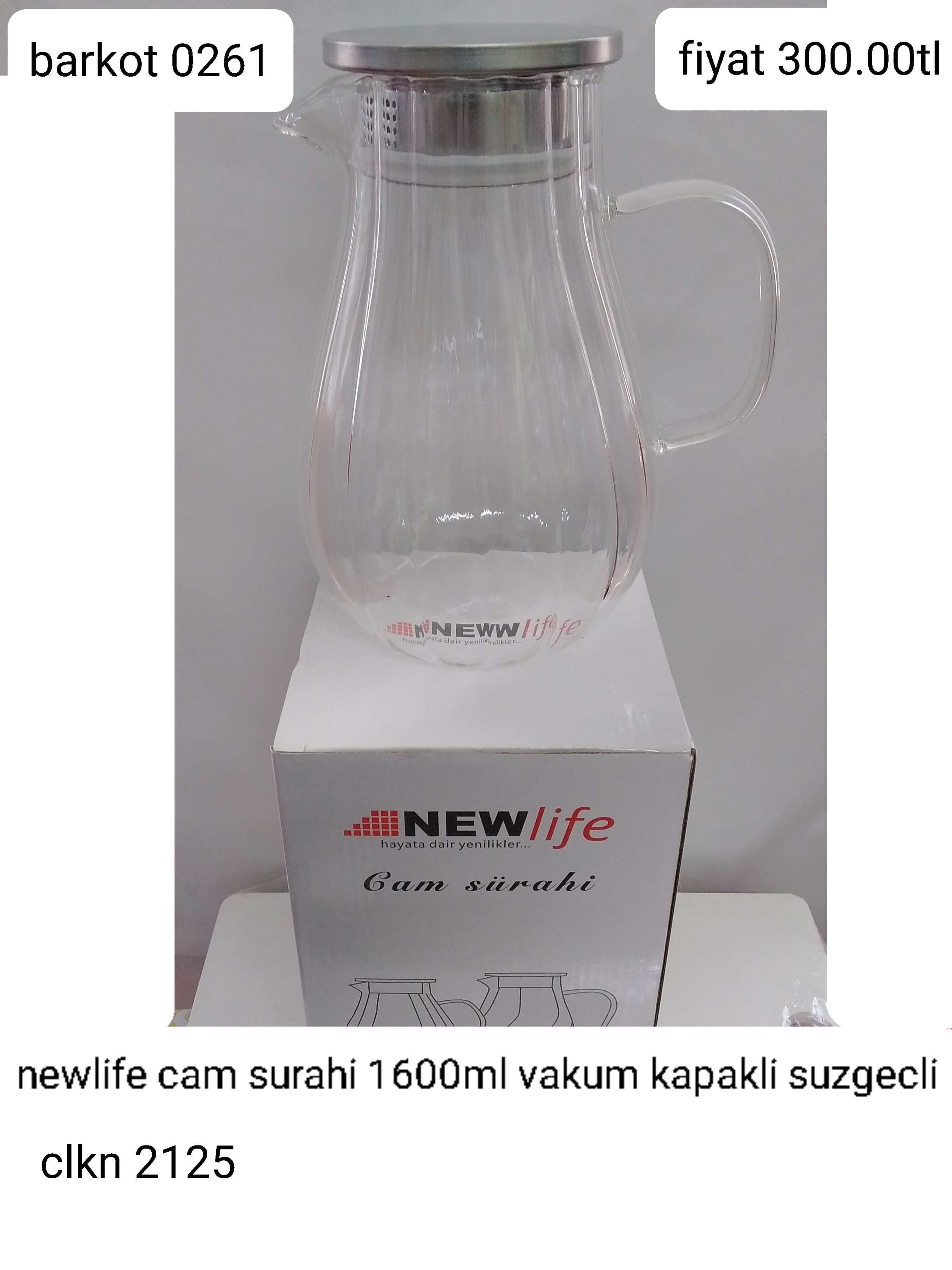 NEWLİFE CAM SÜRAHİ 1600ML VAKUM KAPAKLI SÜZGEÇLİ  0261