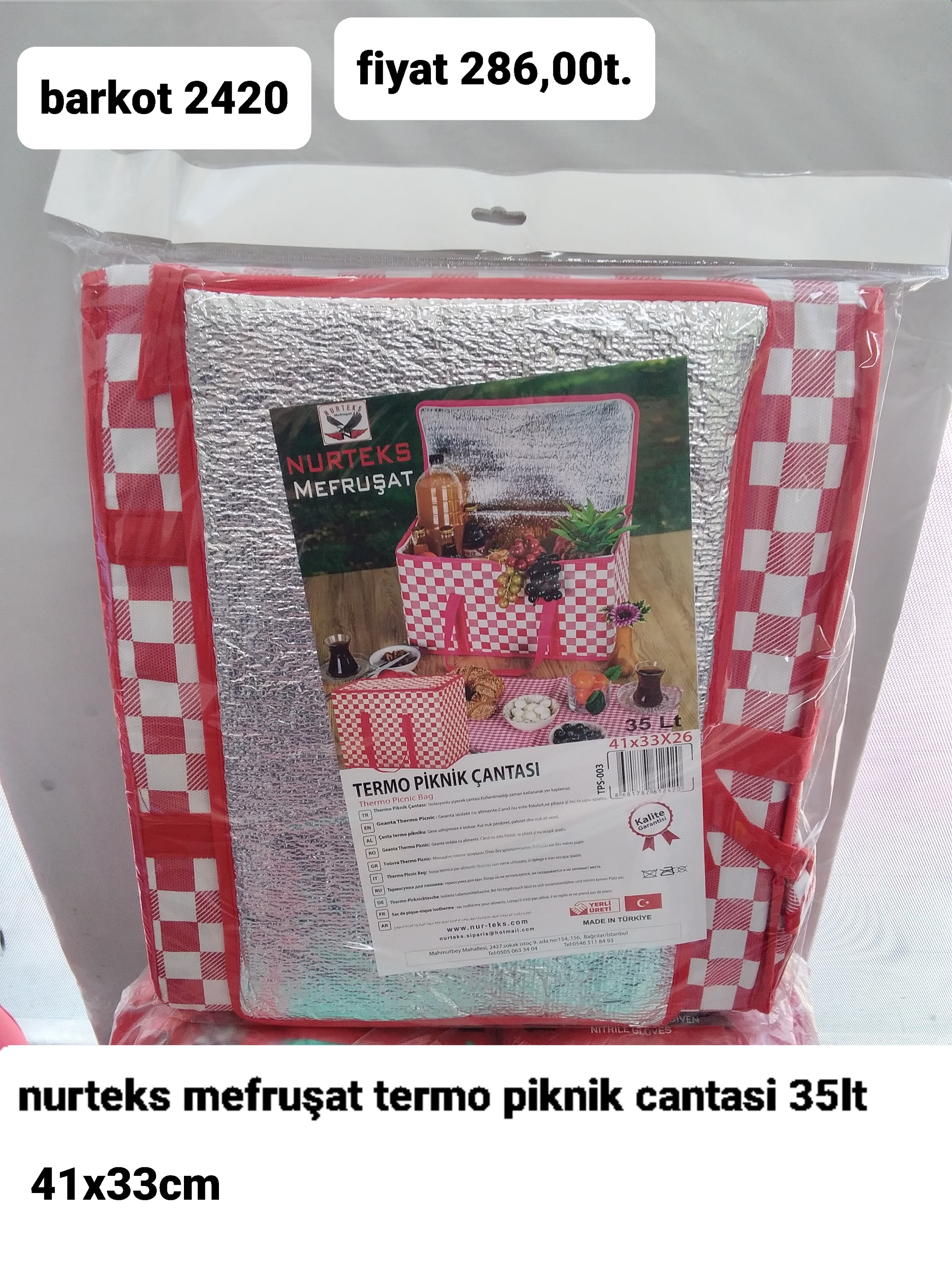 NURTEKS MEFRUŞAT TERMO PİKNİK ÇANTASI 35LT 41*33CM 2420