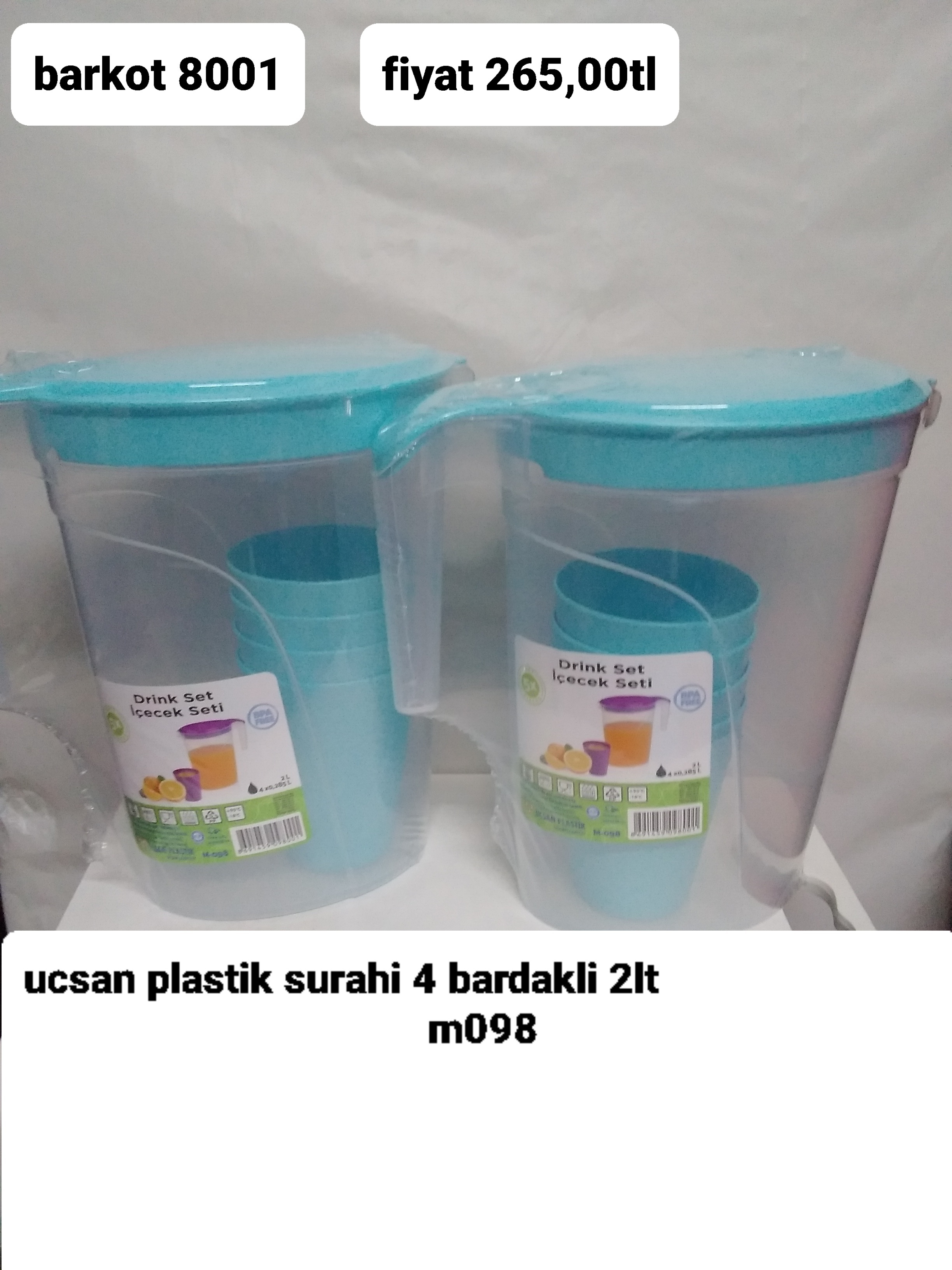 ÜÇSAN PLASTİK SÜRAHİ 4 BARDAKLI 2LT 8001