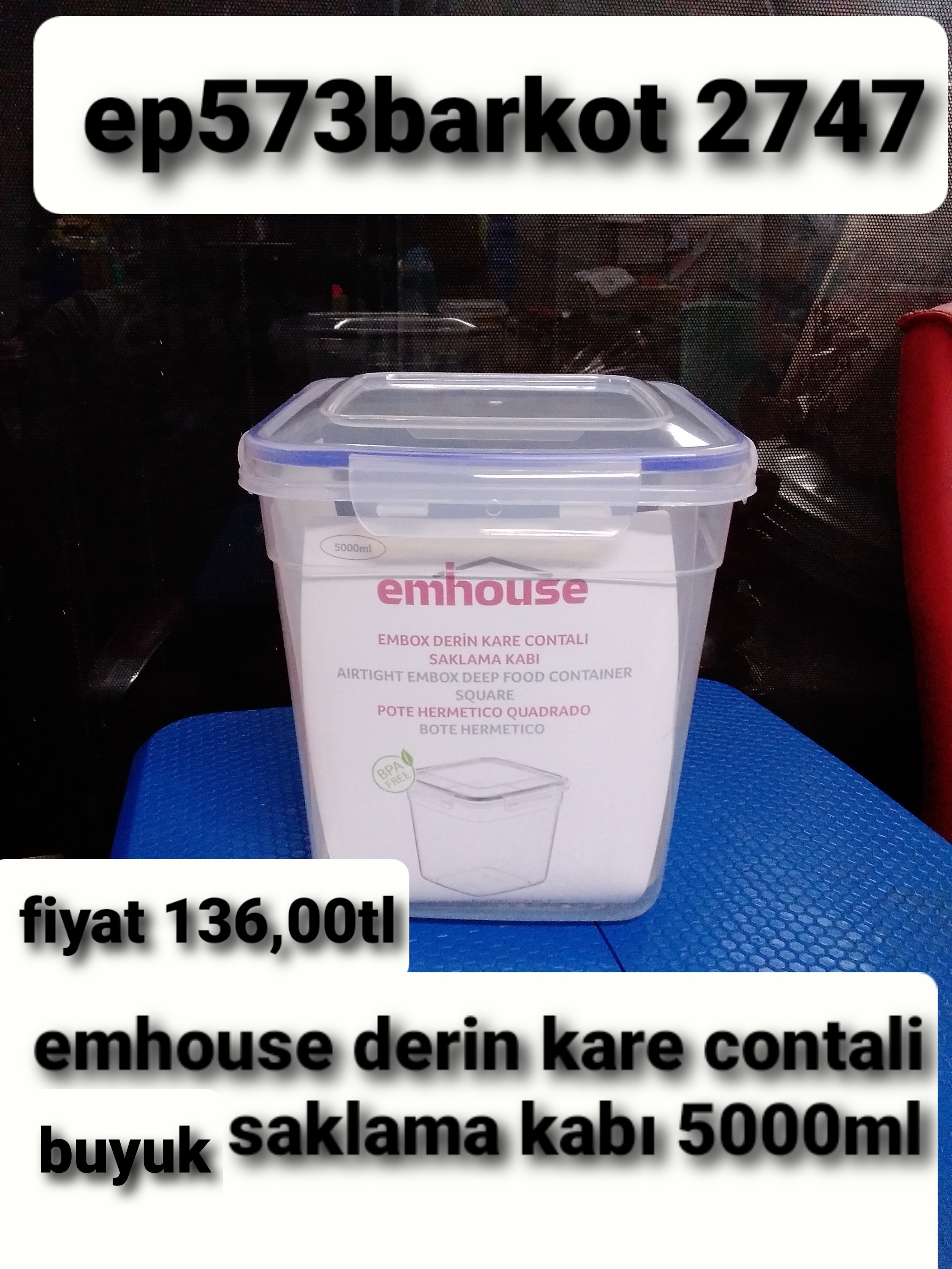 EMHOUSE DERİN KARE CONTALI BÜYÜK SAKLAMA KABI 500 ML 2747