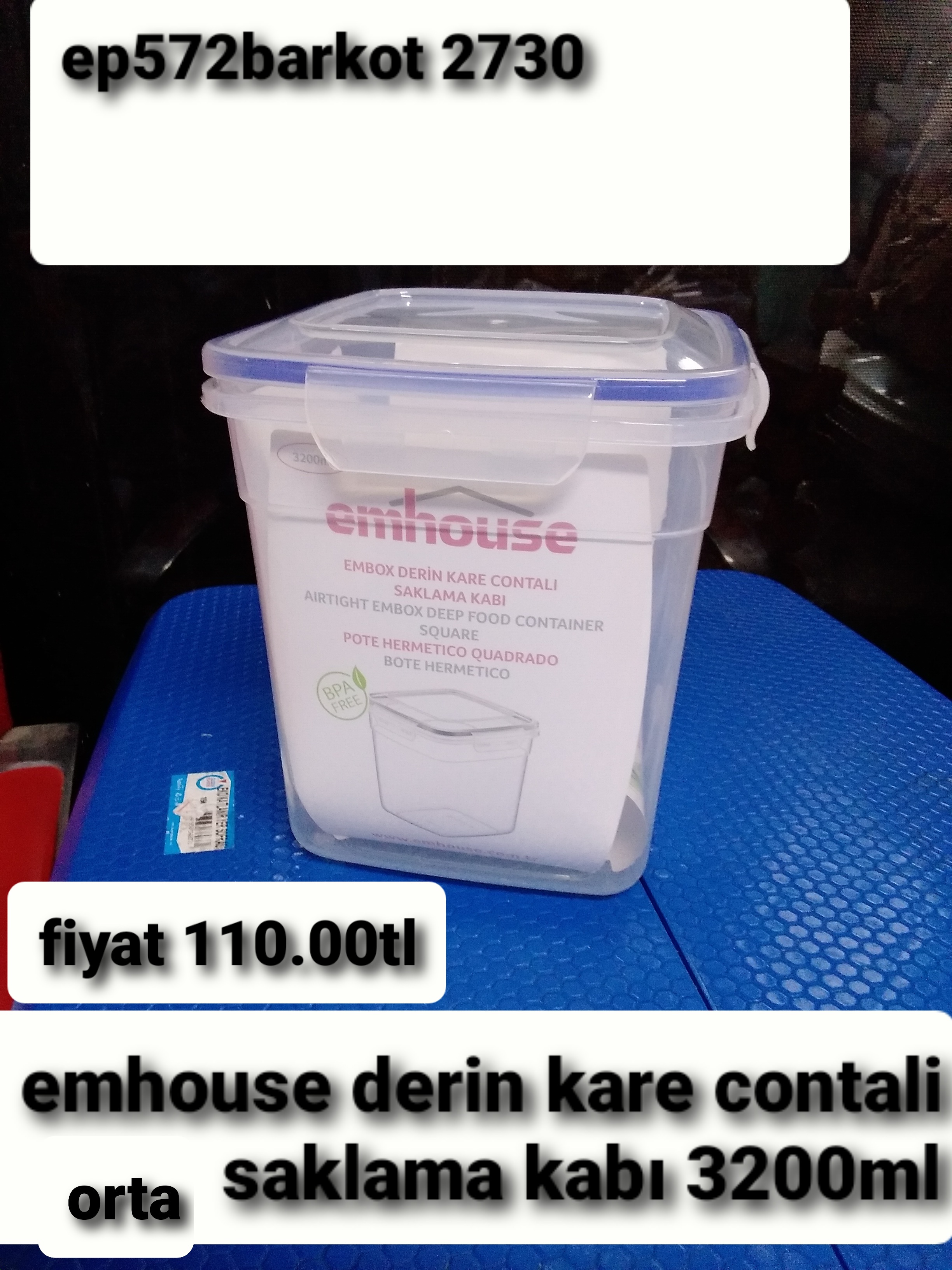 EMHOUSE DERİN KARE CONTALI ORTA  SAKLAMA KABI 3200 ML 2730